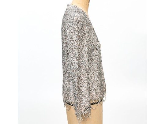 Akris Beautiful Silk Lattice Overlay Style Zip Front Top, Size 10