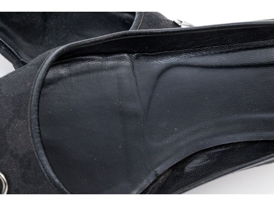 Gucci Black Logo Fabric And Leather Kitten Heel Pumps With Silver-tone Horsebit, Size 10 1/2B