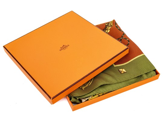 Hermes Classic Key Motif Green And Brown Toned Silk Scarf, With Box