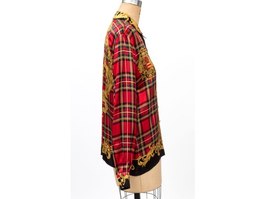 Escada Vintage Red, Black And Gold Scottish Plaid Silk Blouse, Size 40