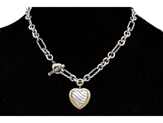 David Yurman Striking Sterling Toggle Link Necklace With 18k And Sterling Ribbed Heart 