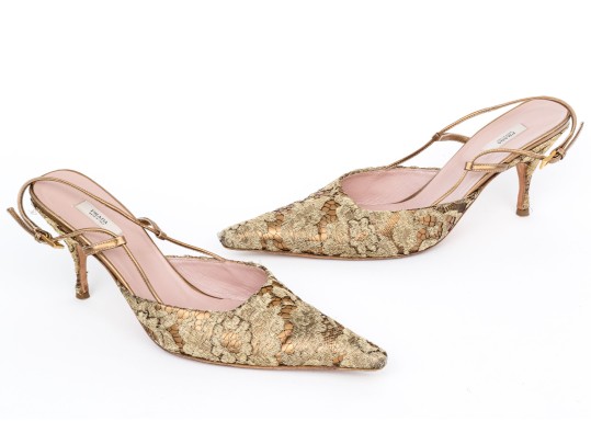 Prada Beautiful Lace, Fabric And Leather Slingback Pumps, Size 40