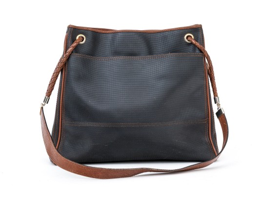 Bottega Veneta Black Canvas And Brown Leather Tote Style Shoulder Bag