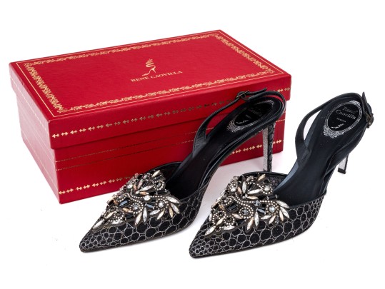 Rene Caovilla Stunning Black And Silver Rhinestone Slingbacks, Size 41, With Box