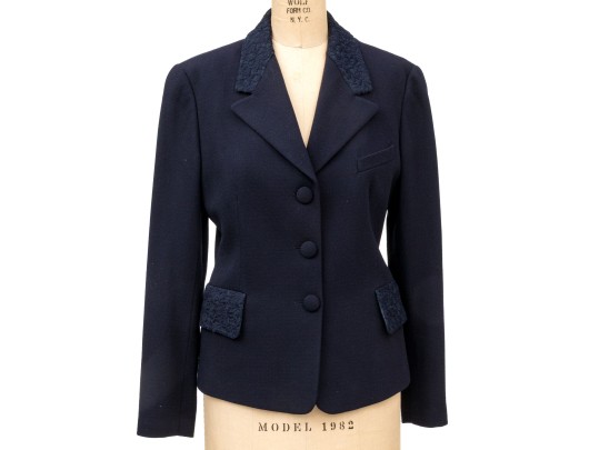 Escada Elements Vintage Navy Blue Lace Paneled Jacket And Dress Suit, Size 40