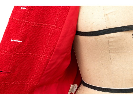 Valentino Boutique Long Red Windowpane Style Jacket With Velvet Collar And Belt, No Size Tag