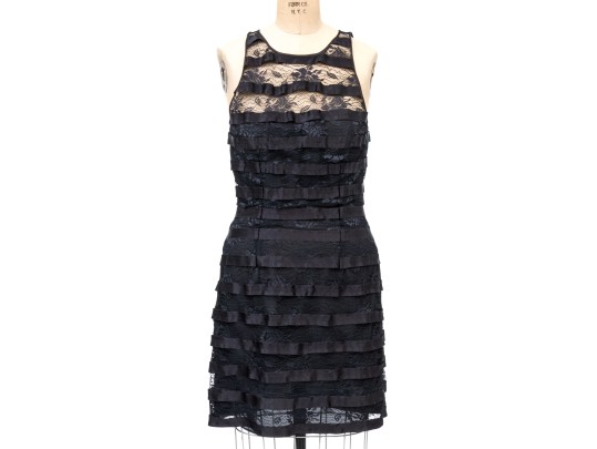 Pamela Dennis Black Silk Lace Motif Sleeveless Sheath Dress, Slze 6