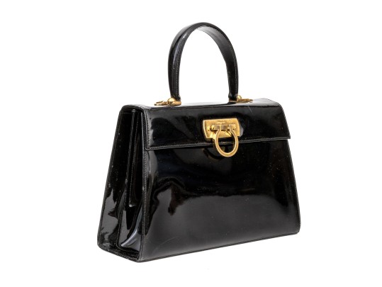 Ferragamo Handsome Black Patent Leather Top Handled Bag