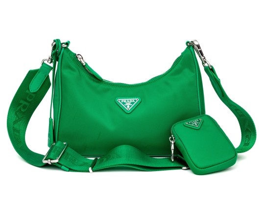 Prada Re-Edition 2005 Green Nylon Shoulder Bag With Logo Strap & Mini Pouch