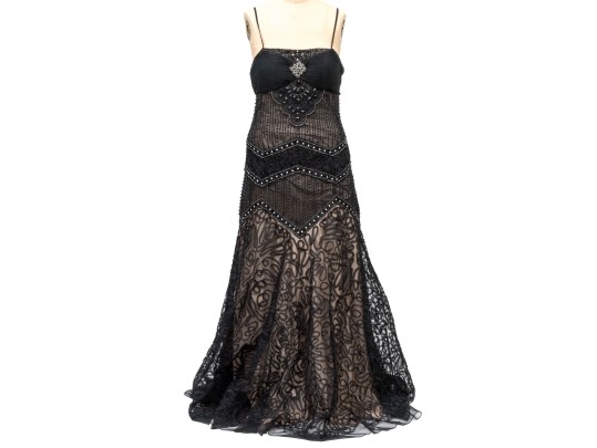 Sue Wong Magnificent Bedazzled Black Lace And Nude Overlay Floor Length Gown, Size 12