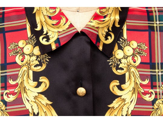 Escada Vintage Red, Black And Gold Scottish Plaid Silk Blouse, Size 40