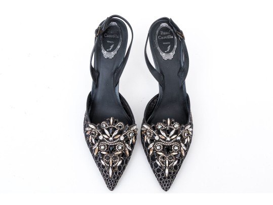 Rene Caovilla Stunning Black And Silver Rhinestone Slingbacks, Size 41, With Box