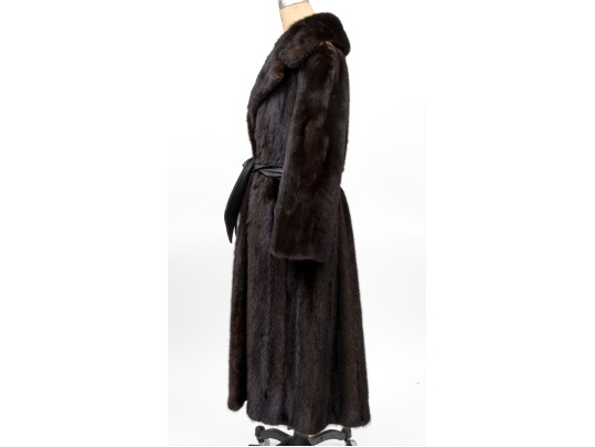 Striking Dark Brown Collared And Bellted Long Fur Coat