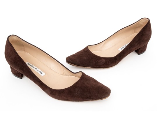Manolo Blahnik Classic Block Heel Brown Suede Pump, Size 42