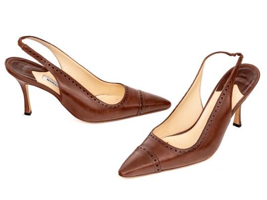 Manolo Blahnik Classic Brown Leather Wingback Style Slingbacks, Size 41 1/2