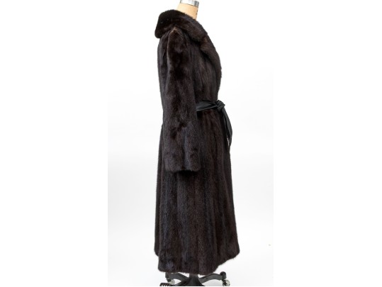 Striking Dark Brown Collared And Bellted Long Fur Coat