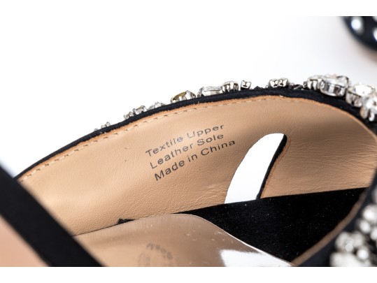 Badgley Mischka Stunning Black Satin And Rhinestone Peep Toe Stiletto Slingbacks, Size 10