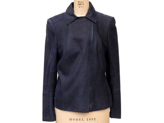 Akris Magnificent Navy Blue Fine Suede Moto Style Jacket, Size 10