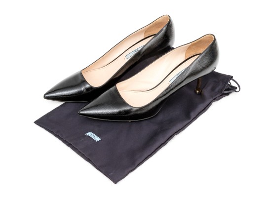Prada Unusual Black Saffiano Leather Gold Tone Heeled Pumps, Size 41