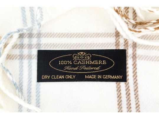 Mark & Graham Ivory, Grey And Tan Plaid Fringed Cashmere Scarf, With Box