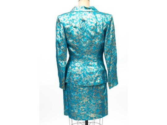 Emanuel Ungaro Vintage Turquoise And Gold Brocade Jacket And Skirt Suit, Size 10