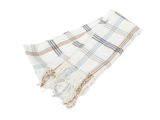 Mark & Graham Ivory, Grey And Tan Plaid Fringed Cashmere Scarf, With Box