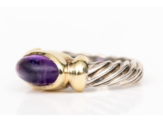 David Yurman Sterling Silver And 14k Yellow Gold Amethyst Cabachon Cable Ring, Size 5.75