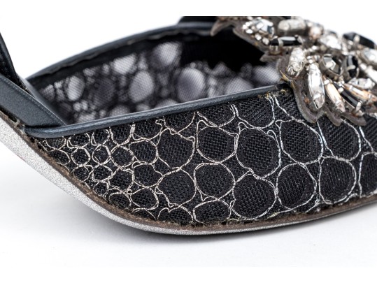 Rene Caovilla Stunning Black And Silver Rhinestone Slingbacks, Size 41, With Box