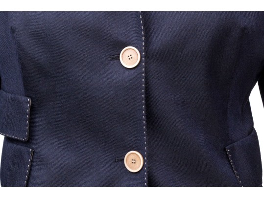 Akris Blue And Tan Trimmed Collared Blazer, Size 10