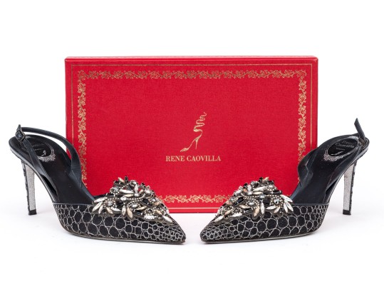 Rene Caovilla Stunning Black And Silver Rhinestone Slingbacks, Size 41, With Box