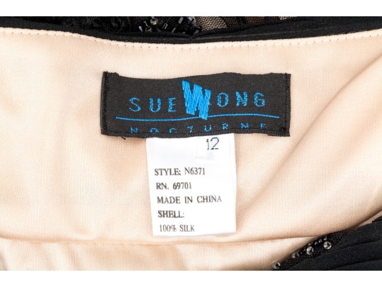 Sue Wong Magnificent Bedazzled Black Lace And Nude Overlay Floor Length Gown, Size 12