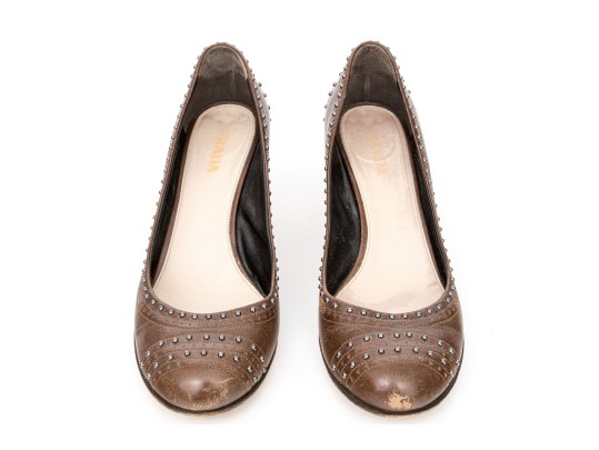 Prada Edgy Studded Brown Leather Wingback Pumps, Size 41