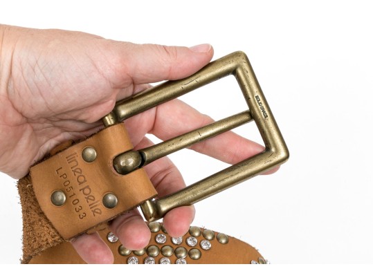 Linnea Pelle Bold Bejeweled, Studded Triangle Pattern Chunky Leather Belt, Size M