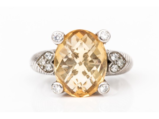 Judith Ripka Sterling Silver Checkerboard Oval Citrine And Cz Ring, Size 7