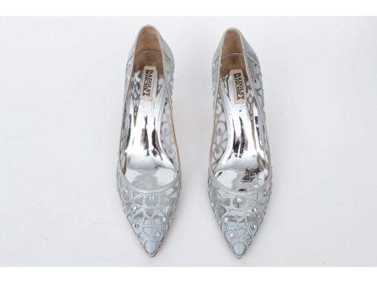 Badgley Mischka Stunning Silver Mesh Rhinestone Pumps, Size 10