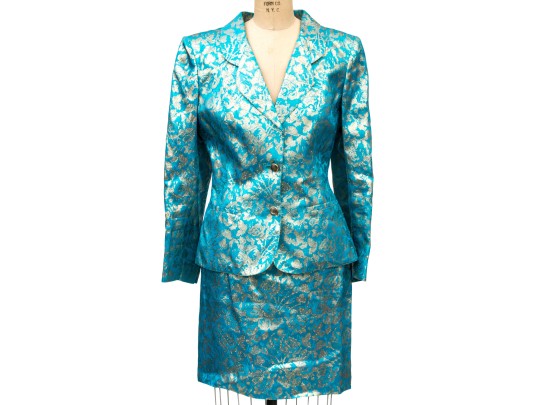 Emanuel Ungaro Vintage Turquoise And Gold Brocade Jacket And Skirt Suit, Size 10