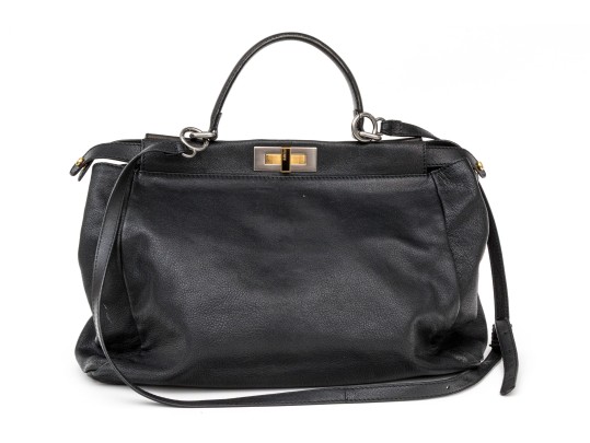 Fendi Extra Large Black Leather Twist Lock Top Handle Bag, With Strap