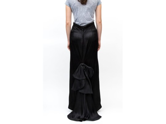 Spectacular Vintage Handmade Floor Length Black Satin Skirt, With A Bow Adorned Back