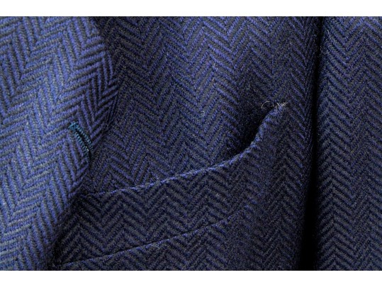 Giorgio Armani Vintage Black Label Blue Black Wool Herringbone Button Front Blazer, Size 42