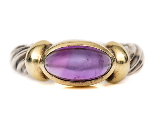David Yurman Sterling Silver And 14k Yellow Gold Amethyst Cabachon Cable Ring, Size 5.75