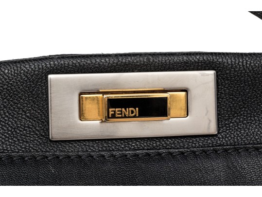 Fendi Extra Large Black Leather Twist Lock Top Handle Bag, With Strap
