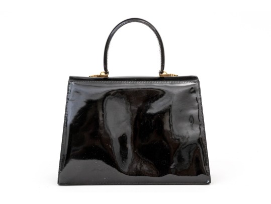 Ferragamo Handsome Black Patent Leather Top Handled Bag