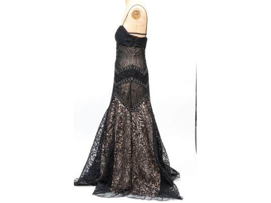 Sue Wong Magnificent Bedazzled Black Lace And Nude Overlay Floor Length Gown, Size 12