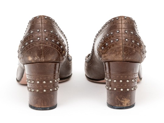 Prada Edgy Studded Brown Leather Wingback Pumps, Size 41
