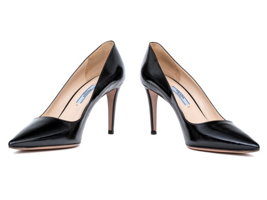 Prada Chic Black Saffiano Leather Stiletto Pumps, Size 41