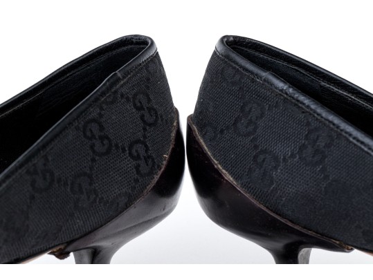 Gucci Black Logo Fabric And Leather Kitten Heel Pumps With Silver-tone Horsebit, Size 10 1/2B
