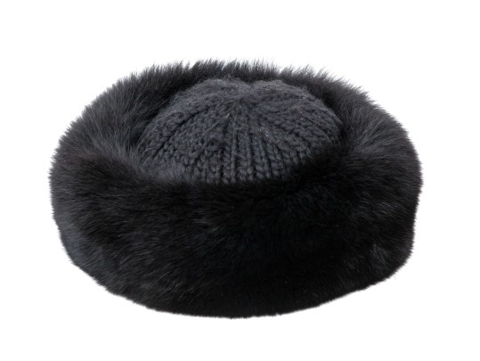 Saks Fifth Avenue Black Knit And Fur Trimmed Hat