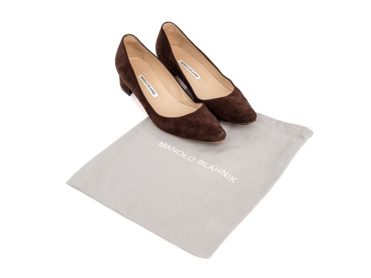 Manolo Blahnik Classic Block Heel Brown Suede Pump, Size 42