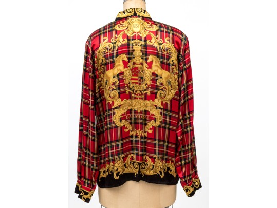Escada Vintage Red, Black And Gold Scottish Plaid Silk Blouse, Size 40