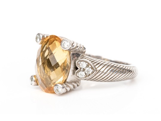 Judith Ripka Sterling Silver Checkerboard Oval Citrine And Cz Ring, Size 7
